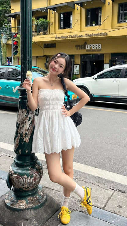 Pretty A Line Strapless White Hollow Satin Short Homecoming Dress,Vacation Dress,Summer 17th Birthday Dress GG4813