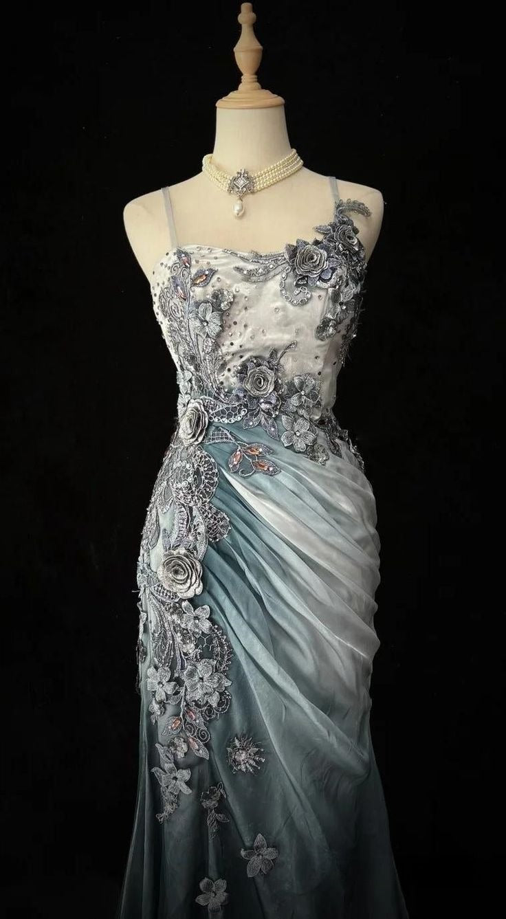 Unique Gorgeous Mermaid Spaghetti Straps Gradient Satin Applique Long Prom Dress,Party Dress,Formal Evening Dress GG4852