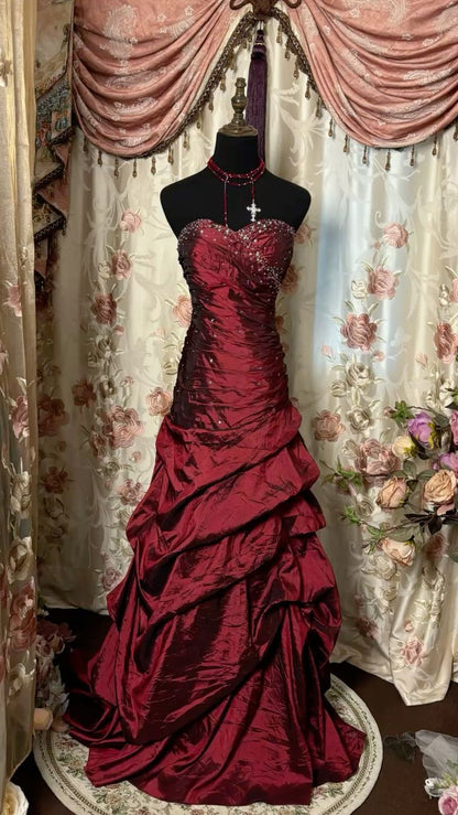 Vintage A Line Strapless Burgundy Satin Beads Long Prom Dress,Party Dress,Formal Evening Dress GG4854