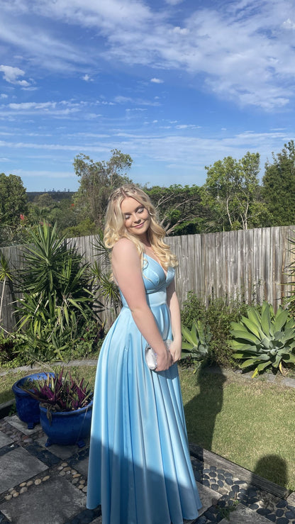 Aesthetic A Line Spaghetti Straps Pale Blue Satin Long Prom Dress,Party Dress,Formal Evening Dress GG4901