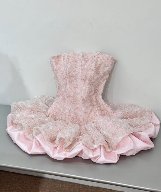 Sweet 16th Pink Ball Gown Strapless Satin Lace Short Homecoming Dress,Vacation Dress,Summer Birthday Dress GG4920