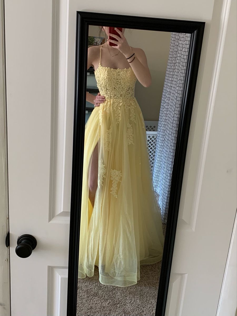 Style Classy A Line Halter Yellow Tulle Lace Slit Long Prom Dress,Party Dress,Formal Evening Dress GG4944