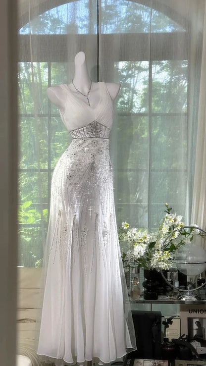 White Mermaid V Neck Chiffon Sequin Long Prom Dress,Party Dress,Formal Evening Dress GG4946