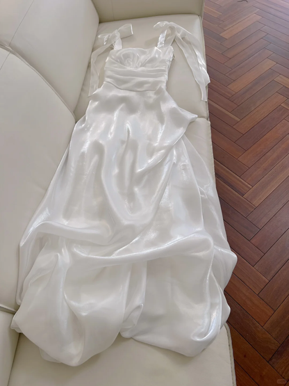 Classy A Line White Square Bow Straps Pleated Satin Long Prom Dress,Party Dress,Formal Evening Dress GG5023