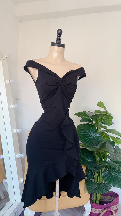 Classy Mermaid Black Off The Shoulder Satin With Ruffle Hem Short Homecoming Dress,Vacation Dress,22th Birthday Dress GG5036