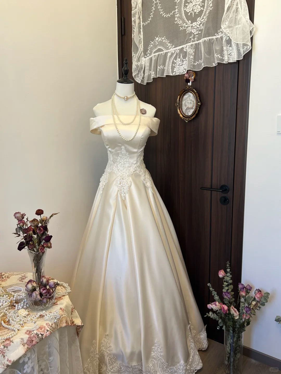 Modest A Line Off The Shoulder Satin Lace Long Prom Dress,Evening Dress GG5126