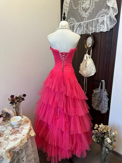 Hot Pink Ball Gown Strapless Tiered Tulle Long Prom Dress,Evening Dress GG5153