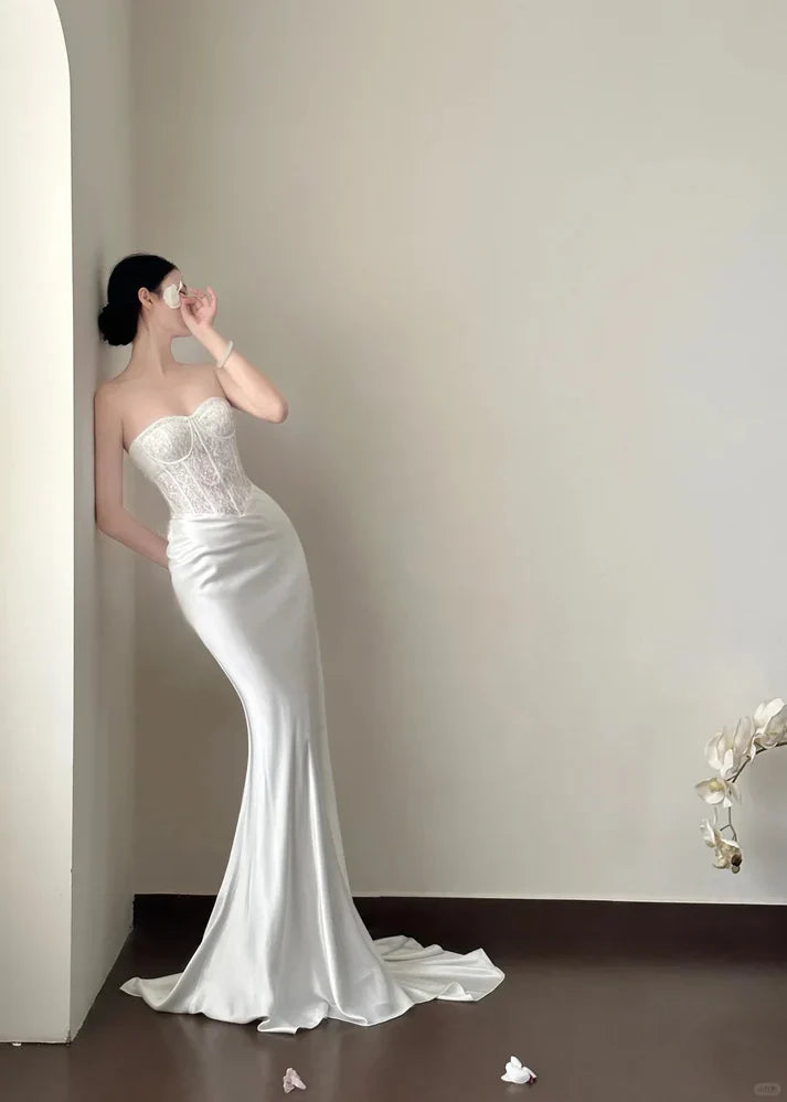 Modest Mermaid Sweetheart Satin Lace Long Prom Dress,Evening Dress GG5172