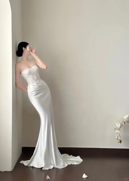 Modest Mermaid Sweetheart Satin Lace Long Prom Dress,Evening Dress GG5172