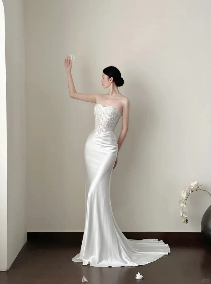 Modest Mermaid Sweetheart Satin Lace Long Prom Dress,Evening Dress GG5172