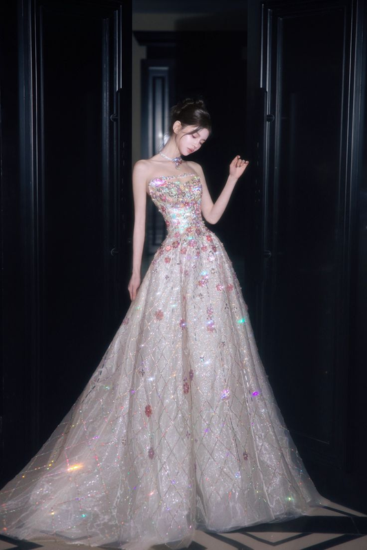Pretty A Line Strapless Tulle Sequin Applique Long Prom Dress,Evening Dress GG5207