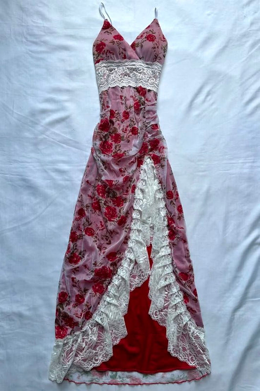 Unique A Line Spaghetti Straps Printed Floral Chiffon Lace Slit Long Prom Dress,Evening Dress GG5220