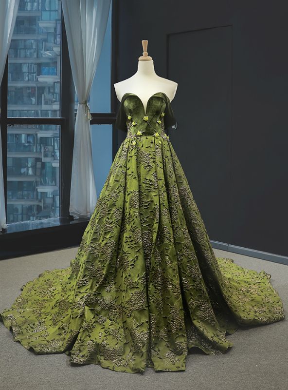Gorgeous A Line Off The Shoulder Green Velvet Embrodiery Appliques Long Prom Dress,Evening Dress GG534