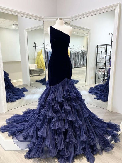 Chic One Shoulder Mermaid Velvet Tulle Without Sleeves Long Prom Dress,Evening Dress GG5343