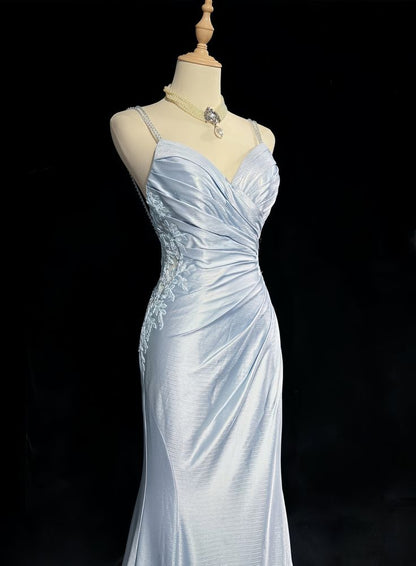 Fashion Style Mermaid Spaghetti Straps Pleated Satin Lace Without Sleeves Long Prom Dress,Evening Dress GG5349