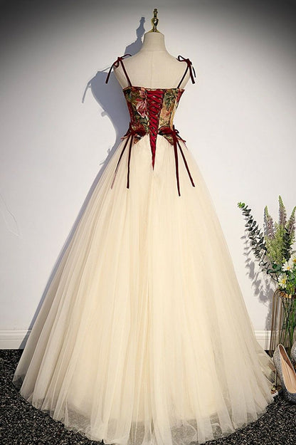 Chic A Line Champagne Tulle Spaghetti Straps Long Prom Dress,Evening Dress GG539