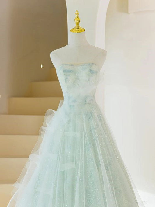 Fairy A Line Strapless Mint Green Tulle Sequin Long Prom Dress,Evening Dress GG540