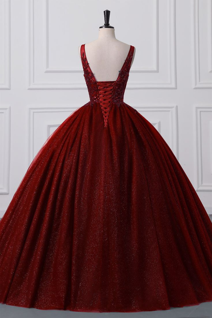 Ball Gown V Neck Tulle Sequin Lace Without Sleeves Long Prom Dress,Evening Dress GG5407