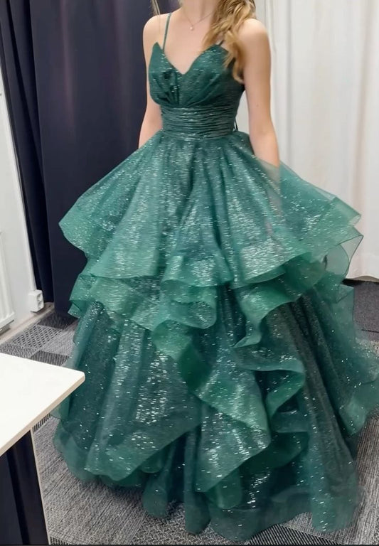 Shiny Ball Gown Spaghetti Straps Tulle Sequin Without Sleeves Long Prom Dress,Evening Dress GG5419