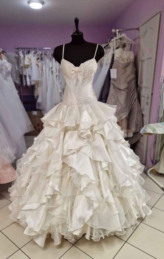 Princess Ball Gown Spaghetti Straps Satin Chiffon Lace Without Sleeves Long Prom Dress,Evening Dress GG5448