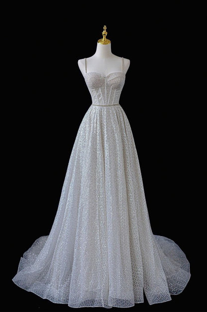 Shiny A Line Spaghetti Straps Tulle Sequin Beading Long Prom Dress,Evening Dress GG549