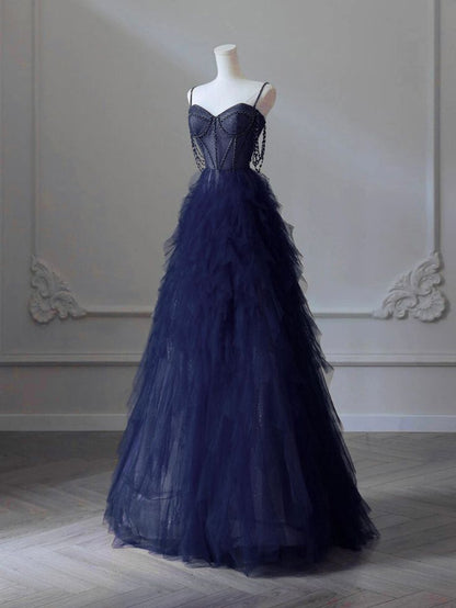 Gorgeous A Line Spaghetti Straps Sweetheart Tulle Beading Long Prom Dress,Evening Dress GG551