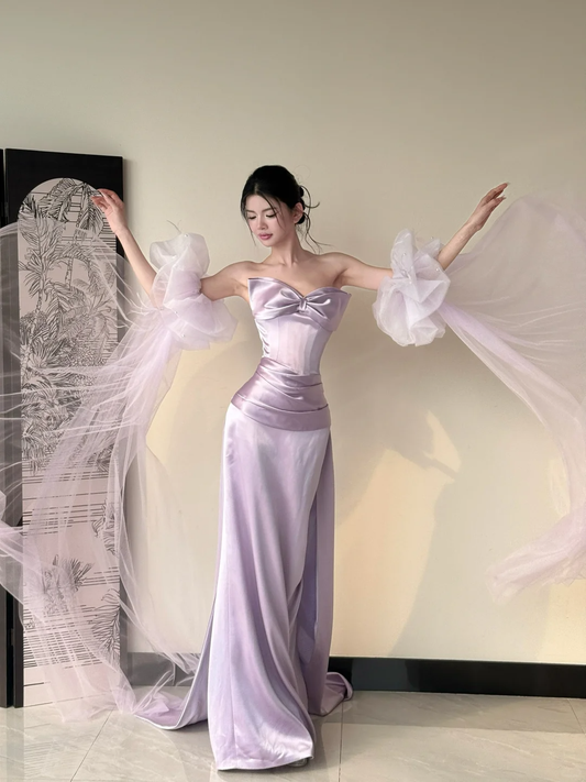 Lilac Mermaid Strapless Satin Without Sleeves Long Prom Dress,Evening Dress GG5513