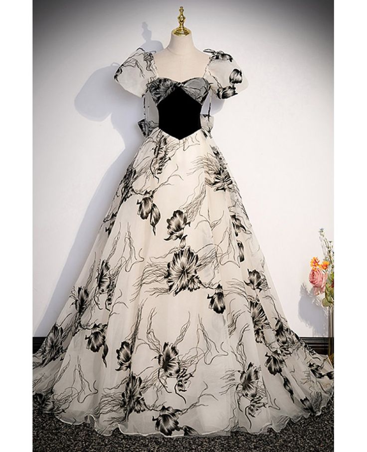Ink Painting A Line Sweetheart Tulle Short Bubble Sleeves Long Prom Dress,Evening Dress GG559