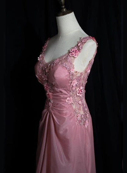 Unique A Line Satin Lace Applique Long Prom Dress,Evening Dress GG5169