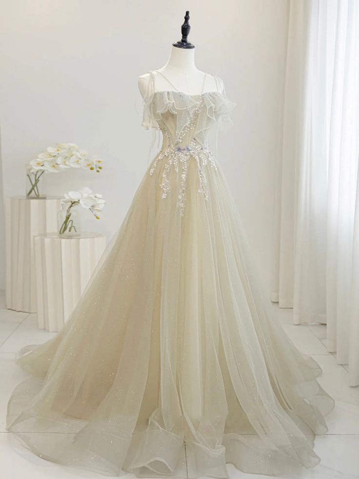 Cute A Line Spaghetti Straps Tulle Sequin Long Prom Dress,Evening Dress GG680