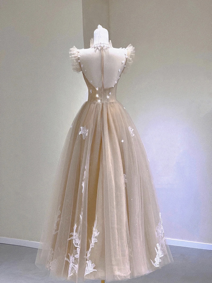 Charming A Line Sweetheart Champagne Tulle Lace Tea Length Prom Dress,Evening Dress GG730