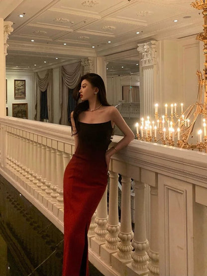 Sexy Mermaid Strapless Ombre Burgundy Satin Slit Long Prom Dress,Evening Dress GG791