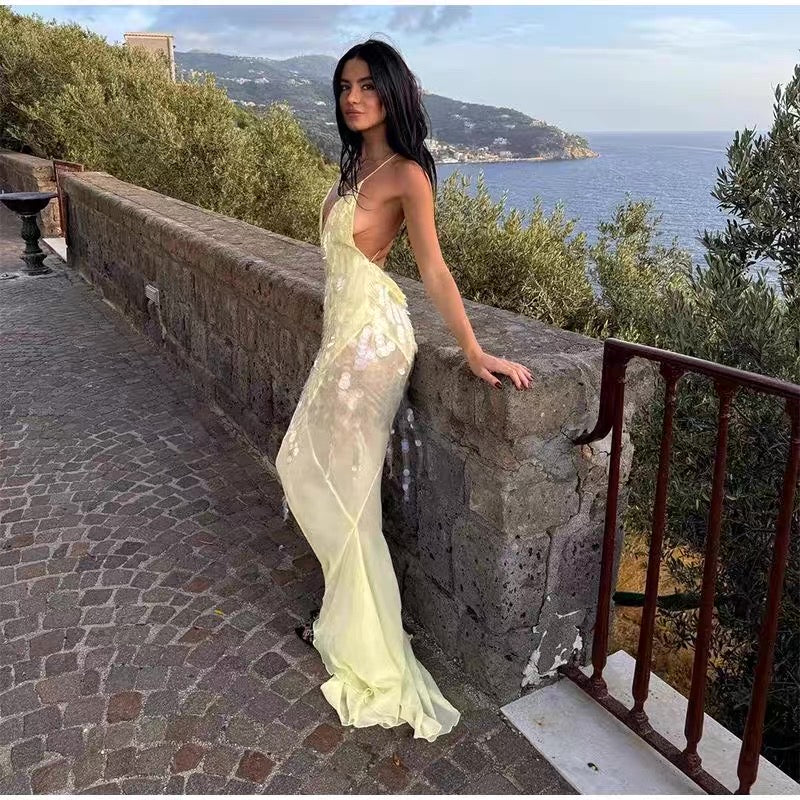 Sexy Mermaid Spaghetti Straps Bright Yellow Sequin Chiffon Long Prom Dress,Evening Dress GG855