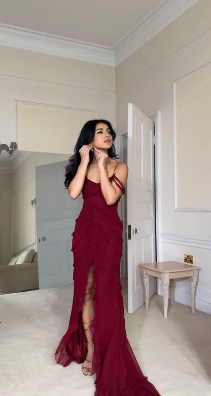 Sexy Mermaid Spaghetti Straps Off The Shoulder Chiffon Slit Long Prom Dress,Evening Dress GG1064