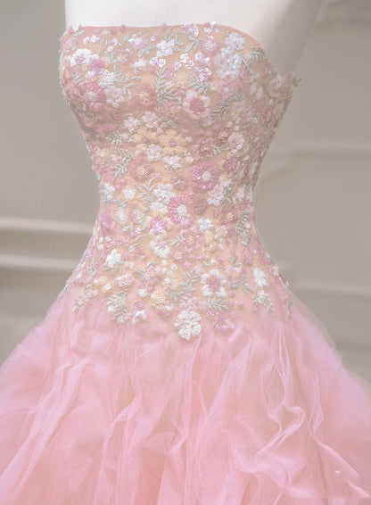 Luxurious A Line Strapless Pink Tulle Applique Long Prom Dress,Party Dress,Evening Dress GG888