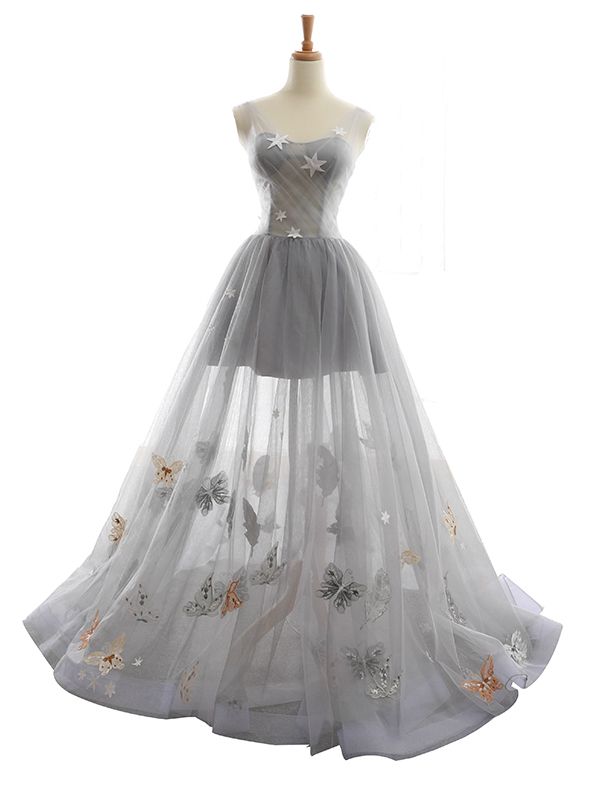 Cute A Line Sheer Straps Gray Tulle Printing Backless Long Prom Dress,Evening Dress GG890