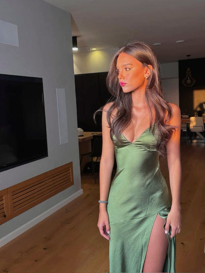 Charming Mermaid Spaghetti Straps V Neck Green Satin Slit Long Prom Dress,Evening Dress GG996