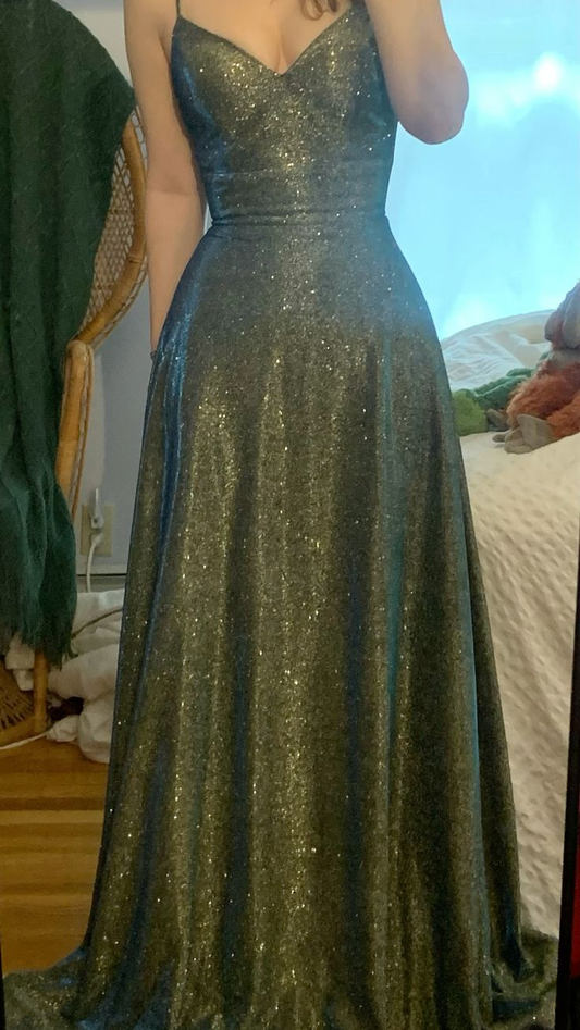 Sparkly Spaghetti Straps Green V NecK Sequin Evening Dress Long Wedding Guest Dress D1527