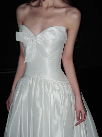 Pretty White Bow Strapless Satin Long Wedding Dress Formal Bridal Dress D1968