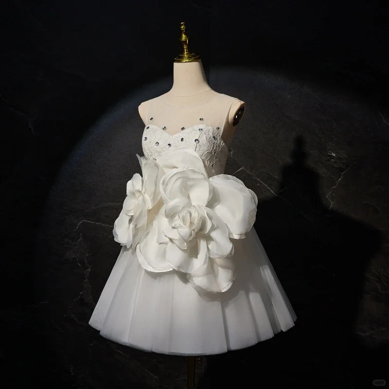 Classy White Tulle Beaded 3D Flowers A Line Short Party Dress 21st Birthday Outfits D594