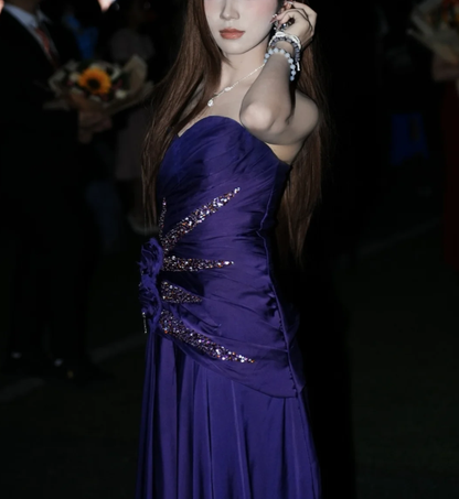 Elegant Strapless Purple Satin Pleated Beaded Mermaid Long Party Dress 19th Birthday Outfits SP1955