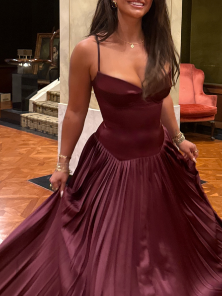 Beautiful A line Spaghetti Straps Burgundy Long Satin Party Dresses Prom Dress SD2024