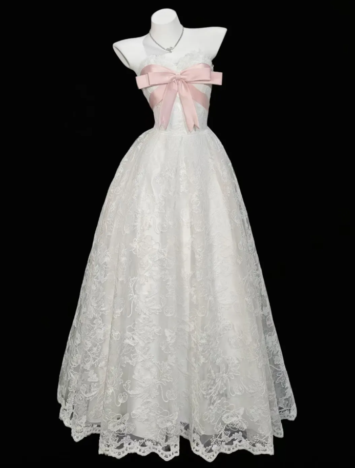 Cute Sweetheart Neck Ball Gown White Satin Lace Formal Birthday Party Dress With Bow