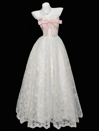 Cute Sweetheart Neck Ball Gown White Satin Lace Formal Birthday Party Dress With Bow