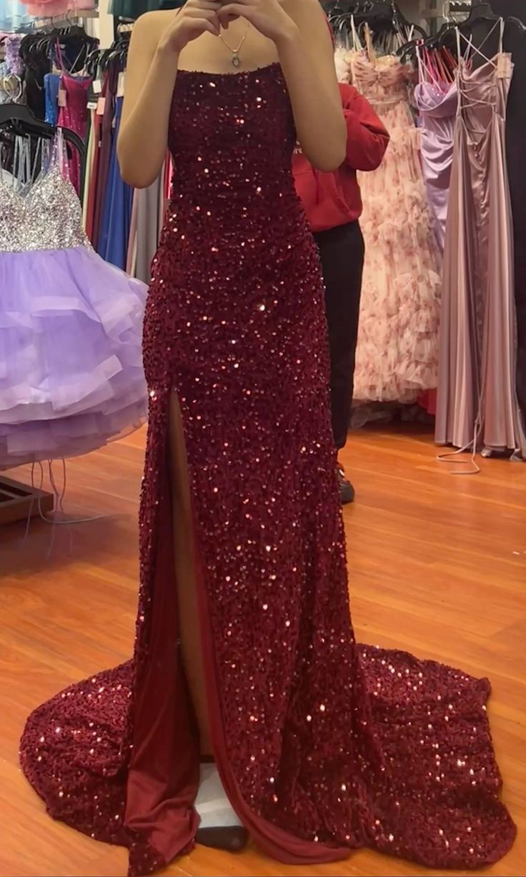 Sparkly Burgundy Sequin Mermaid Evening Dress Slit Long Party Dress Prom Gown