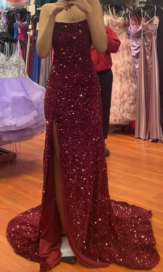 Sparkly Burgundy Sequin Mermaid Evening Dress Slit Long Party Dress Prom Gown