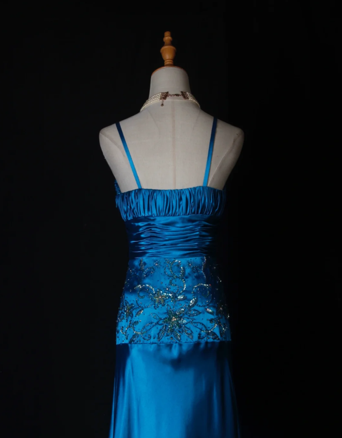 Stylish Spaghetti Straps Blue V Neck Satin Beaded Mermaid Long Evening Dress Birthday Dress D2278