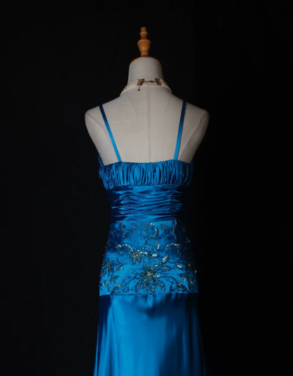 Stylish Spaghetti Straps Blue V Neck Satin Beaded Mermaid Long Evening Dress Birthday Dress D2278