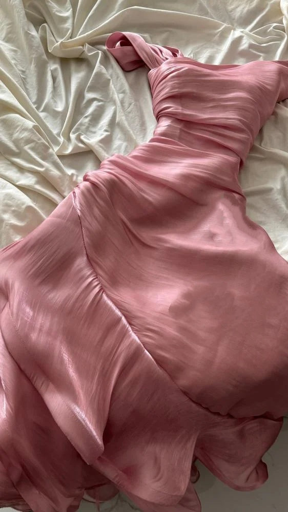 Pretty Sheath Pink Long Ruffles Prom Dresses Formal Evening Dress SD2388