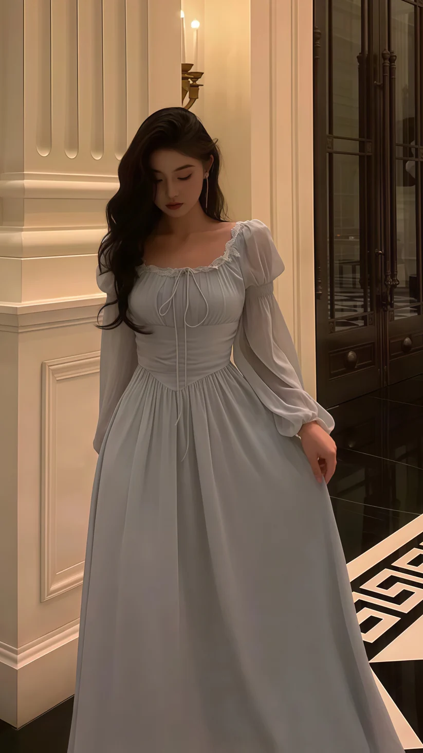 Grey Lace Chiffon Long Sleeves Party Dress Elegant Prom Evening Dress Y8021